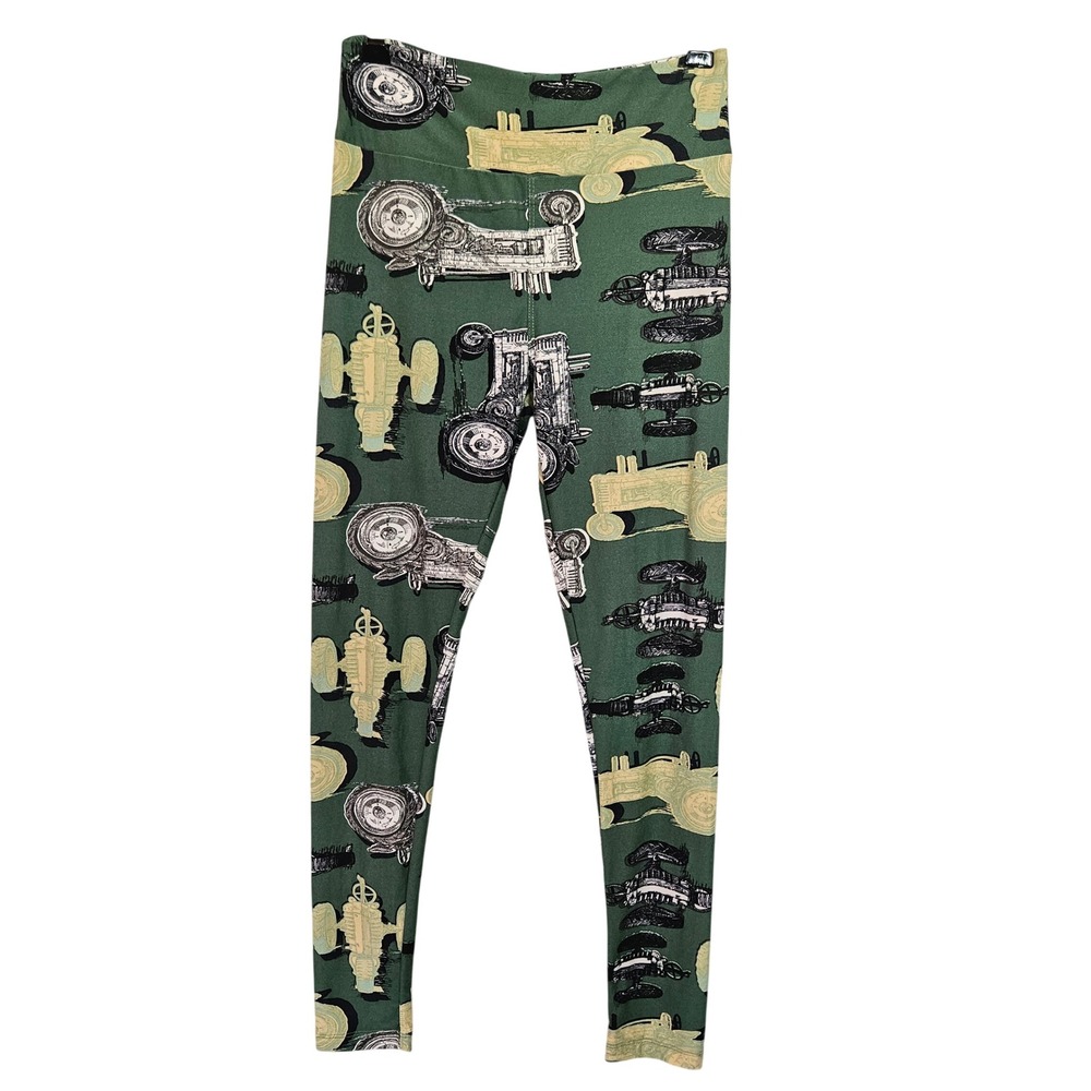 LuLaRoe Tractor Print Leggings Green Farm Theme One Size OS High Rise Stretch
